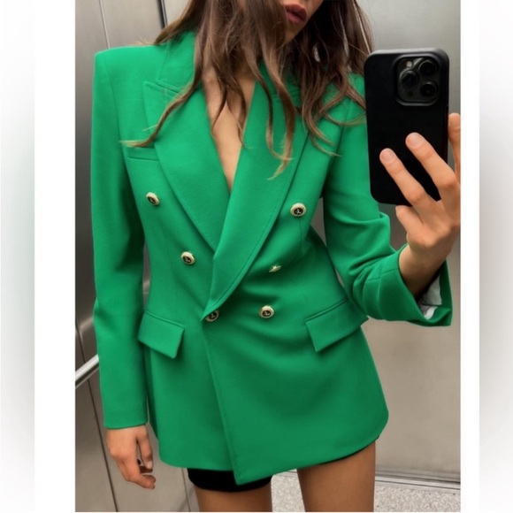 Zara Green Double-Breasted Blazer with Gold Buttons